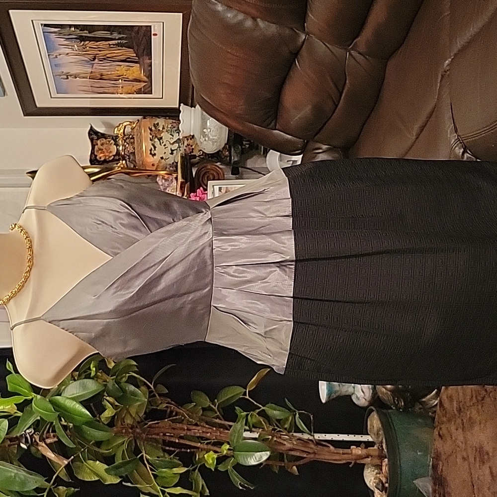 BCBGMaxAzria Dress 4 Silver Satin Corsage Black Jersey Skirt
